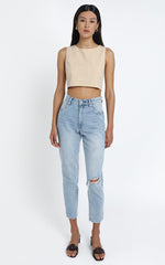 Loxley Top - Tie Up Top in Beige Linen Look