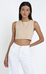 Loxley Top - Tie Up Top in Beige Linen Look