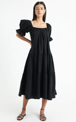 Zaharrah Tiered Midi Dress in Black Linen Look