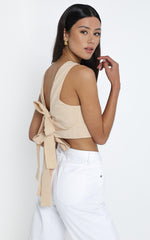 Loxley Top - Tie Up Top in Beige Linen Look