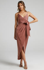 How Will I Know Midi Dress - Wrap Waist Tie Tulip Hem Dress in Dusty Rose