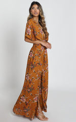 Vacay Ready Maxi Dress - Plunge Thigh Split Dress in Mustard Floral